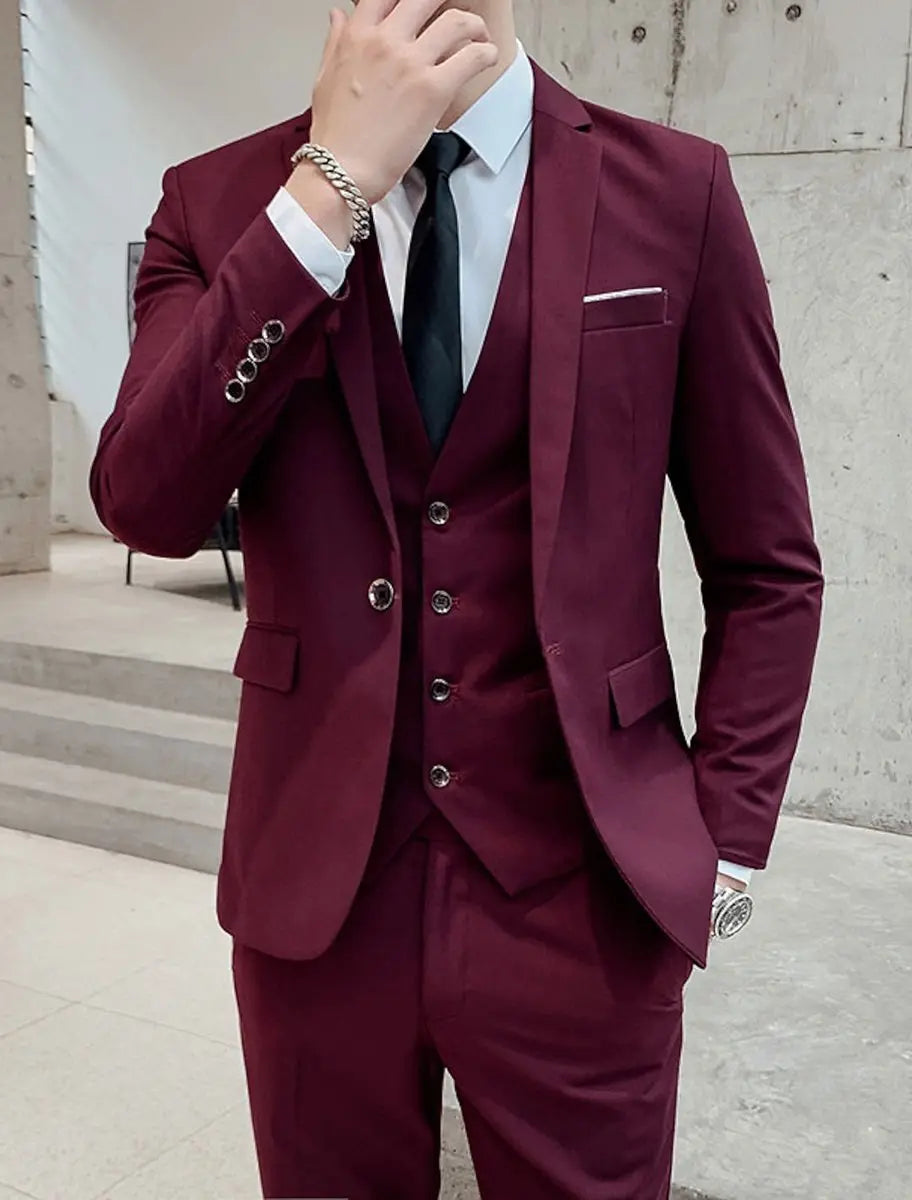 Men's Single-Breasted Two-Button Three-Piece Tailored Suit - Burgundy