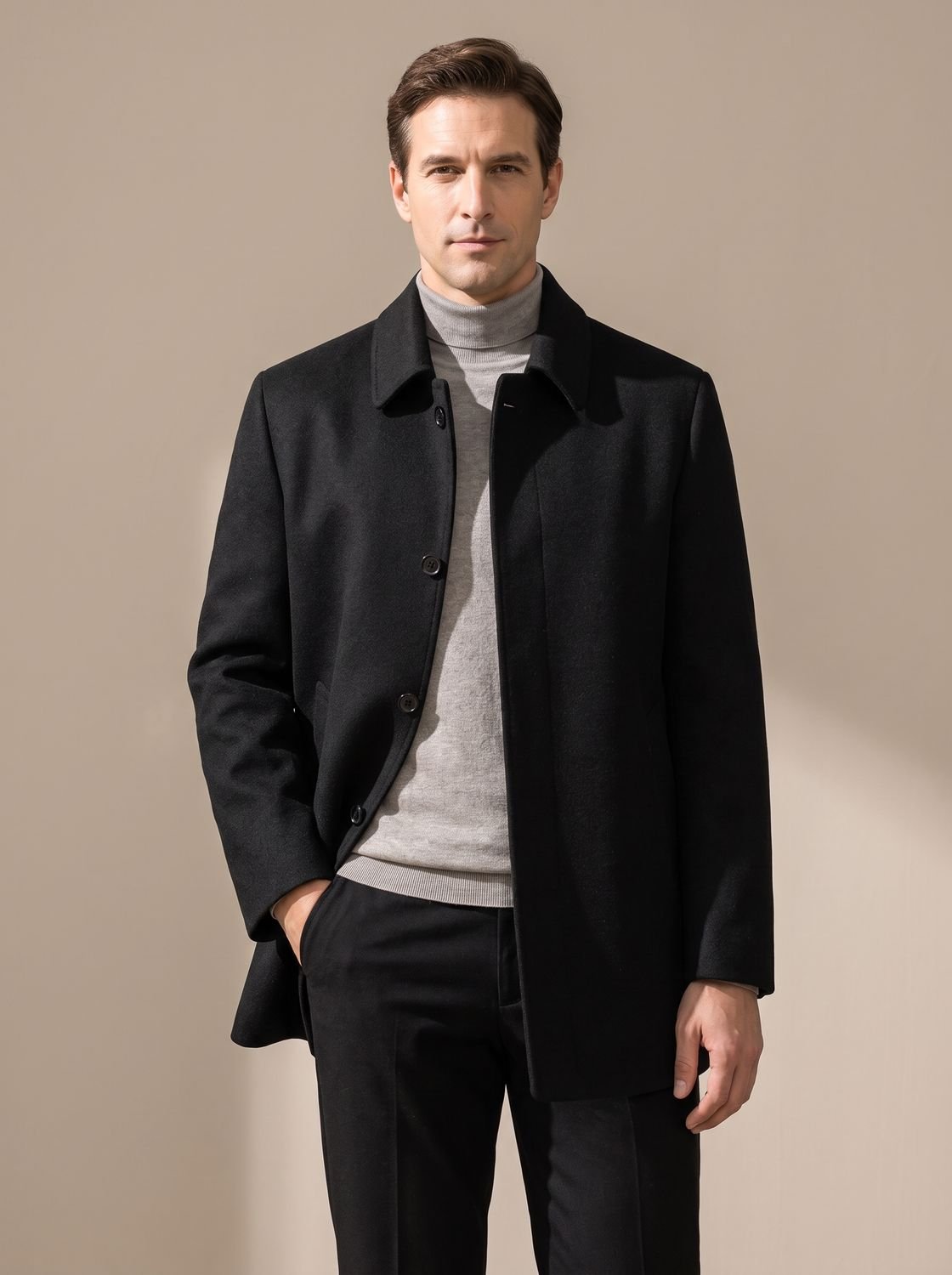 Men's Single-Breasted Wool Jacket Pointed Collar Coat - Black