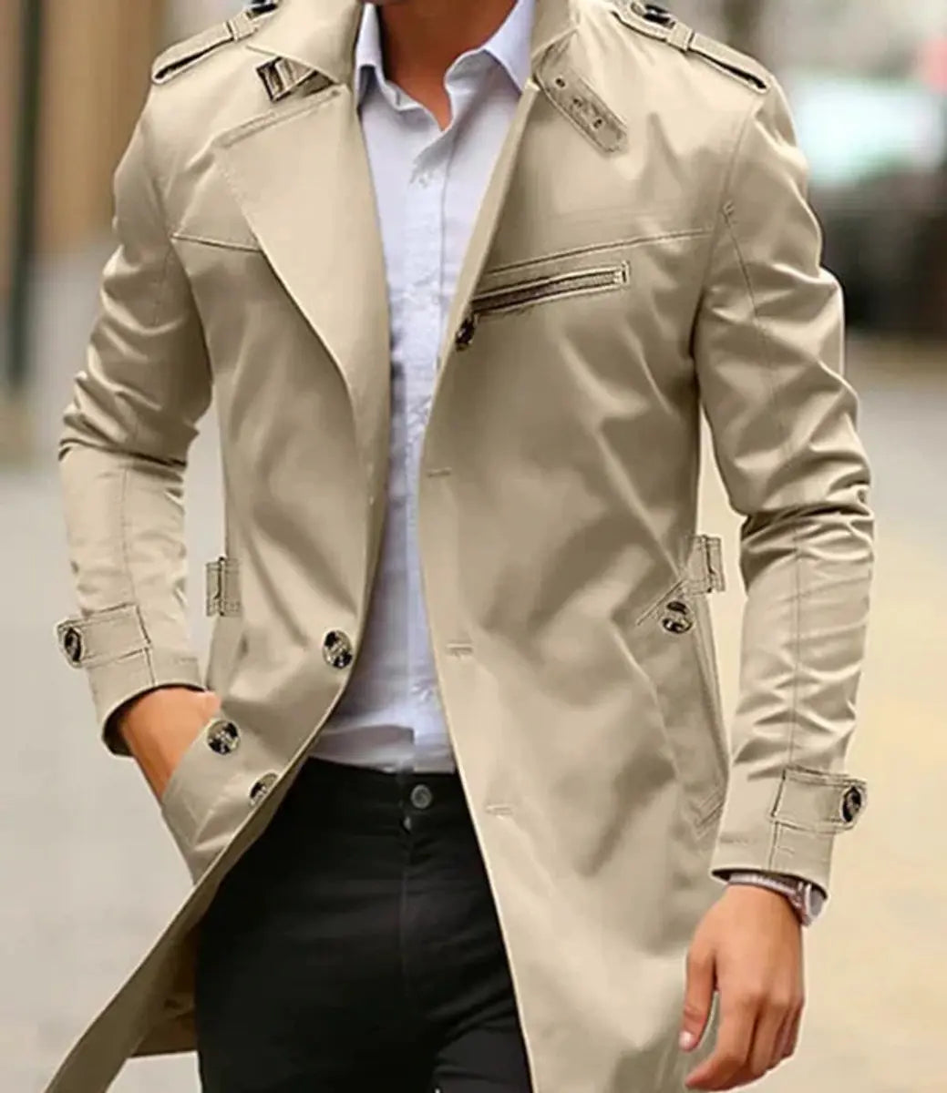 Men's Slim-Fit Belted Trench Mens Wool Coat Jacket - Light Beige