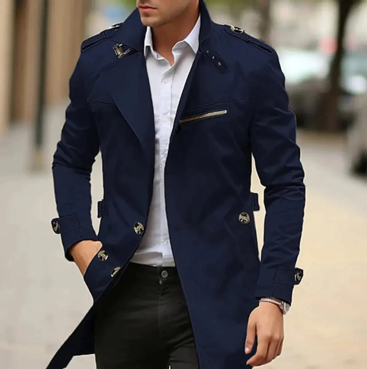 Men's Slim-Fit Belted Trench Mens Wool Coat Jacket - Dark Blue