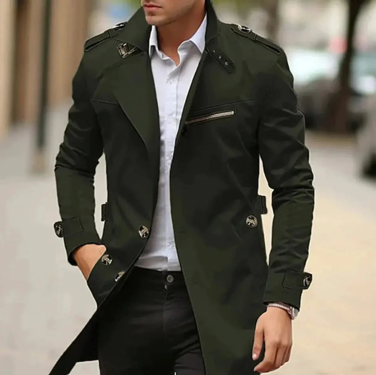 Men's Slim-Fit Belted Trench Mens Wool Coat Jacket - Green