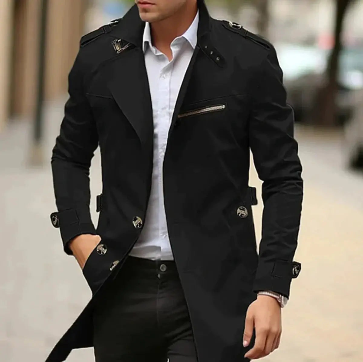 Men's Slim-Fit Belted Trench Mens Wool Coat Jacket - Black