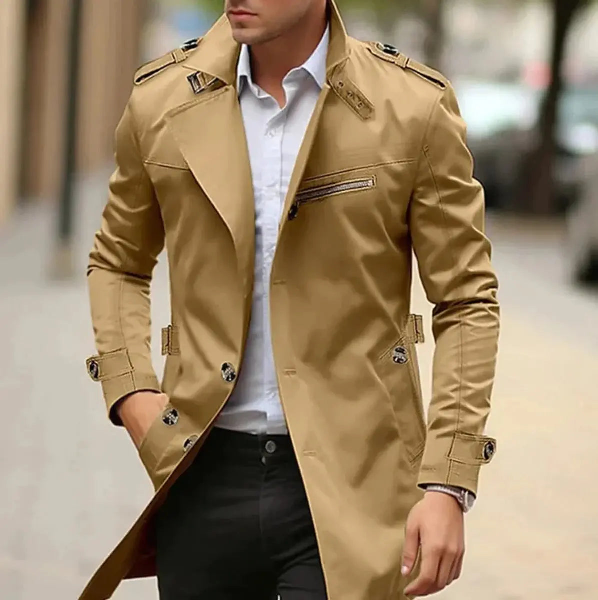 Men's Slim-Fit Belted Trench Mens Wool Coat Jacket - Dark Beige