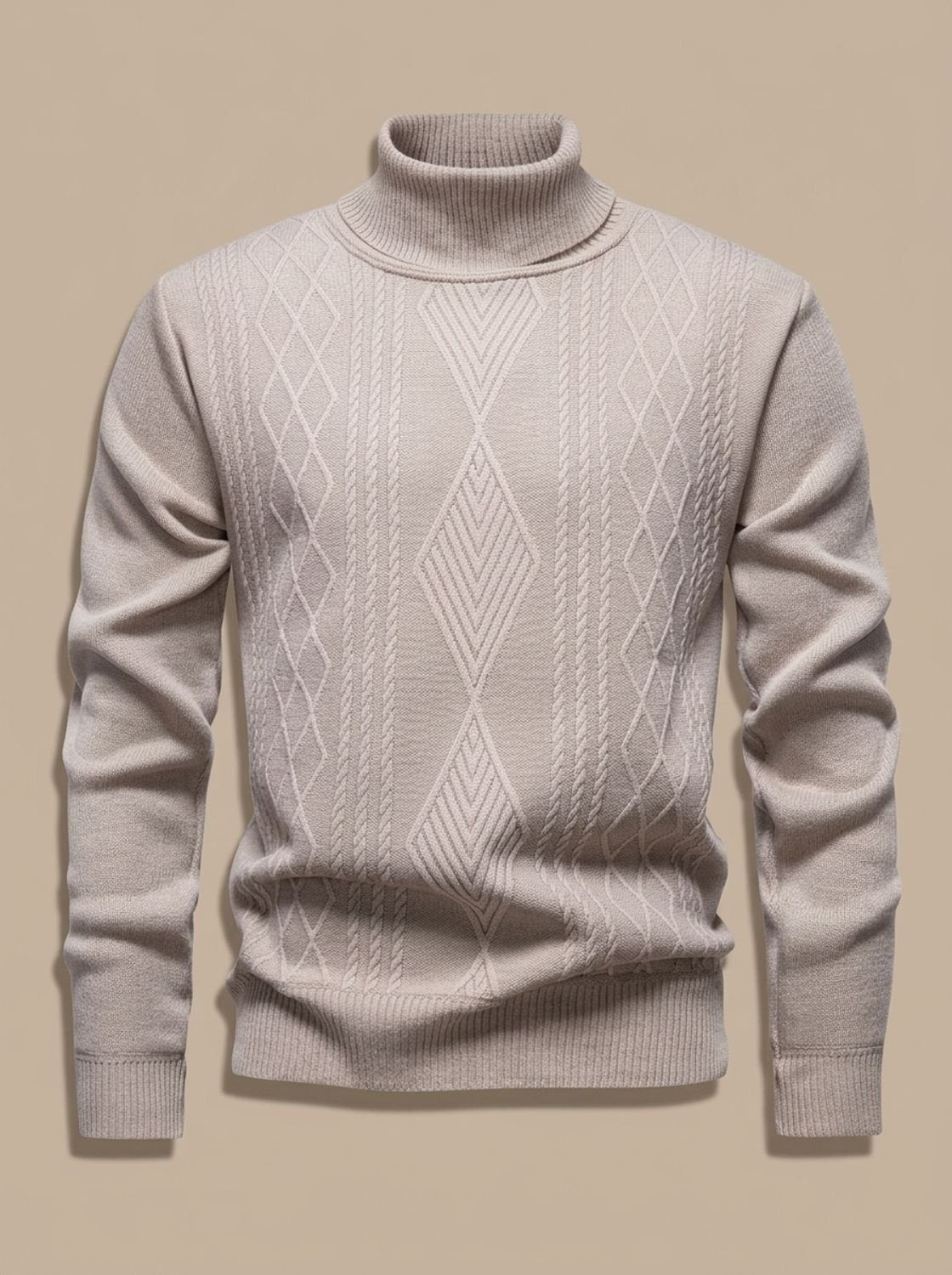 Men's Slim-Fit Cable-Knit Turtleneck Jumper - Beige