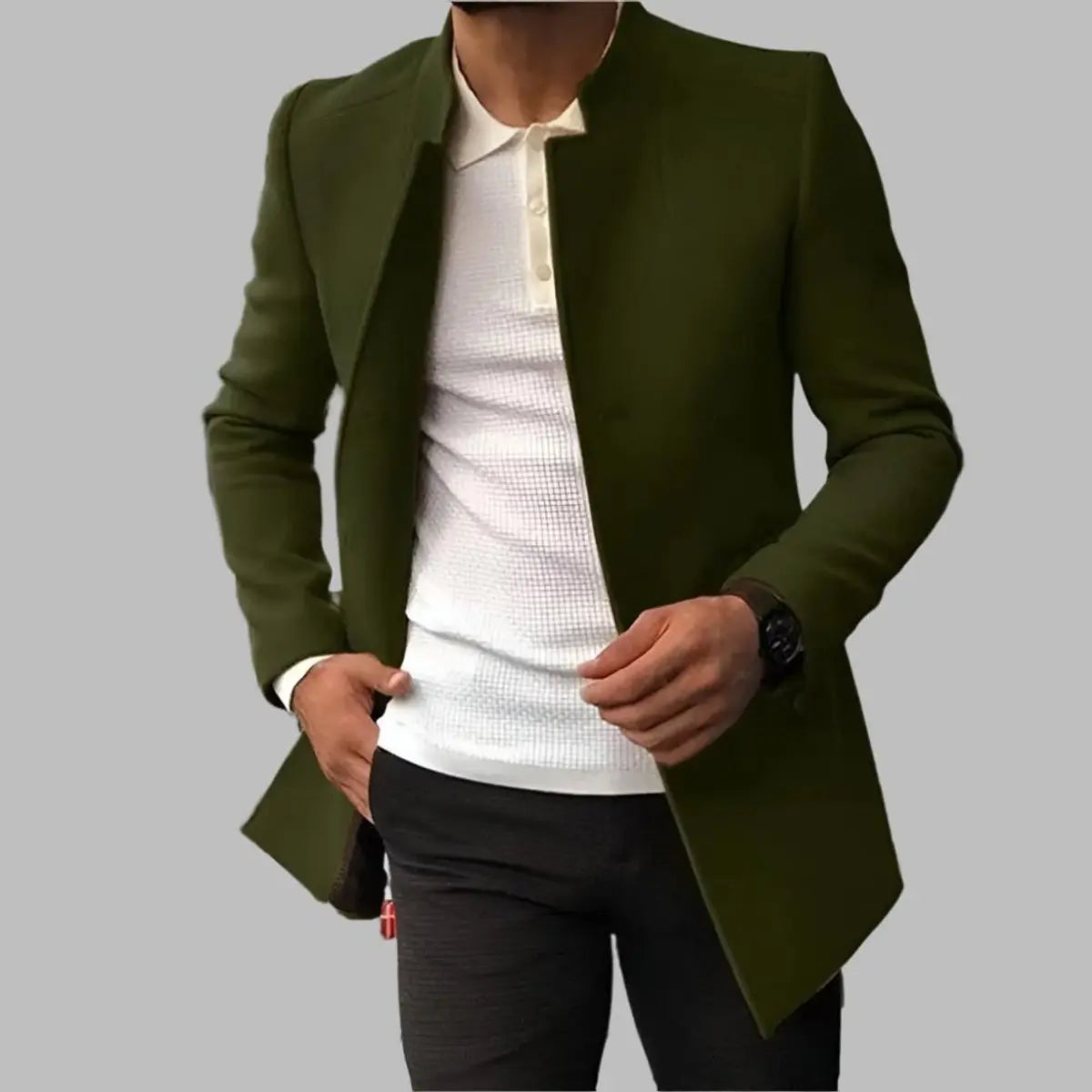 Men's Slim-Fit Collarless Mens Wool Coat Smart Overcoat - Green