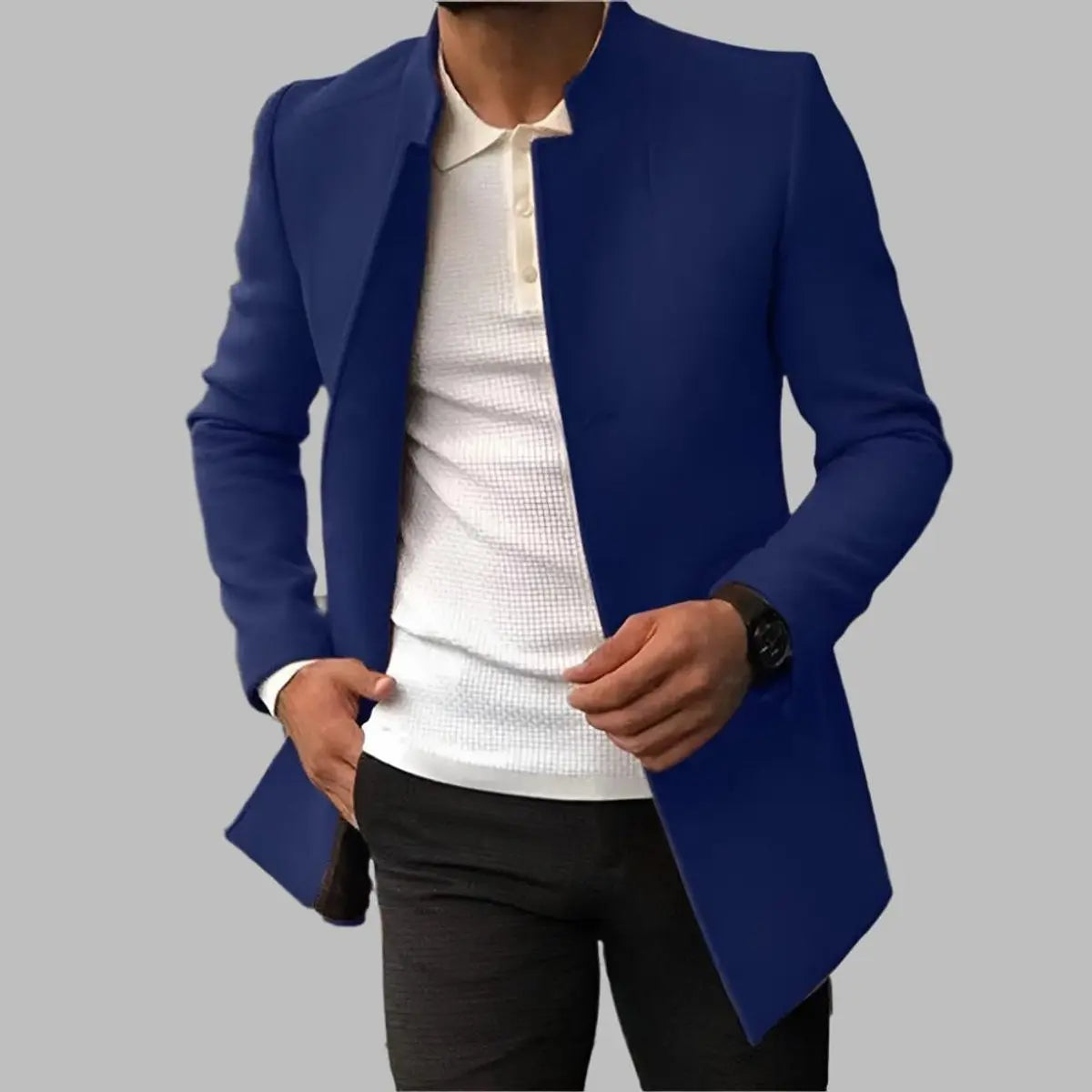Men's Slim-Fit Collarless Mens Wool Coat Smart Overcoat - Blue