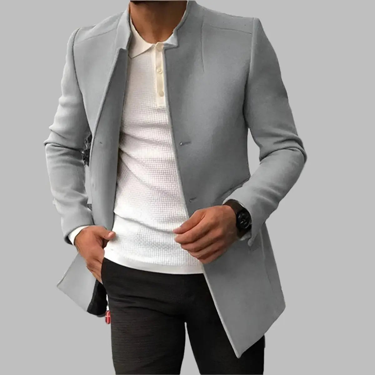 Men's Slim-Fit Collarless Mens Wool Coat Smart Overcoat - Grey