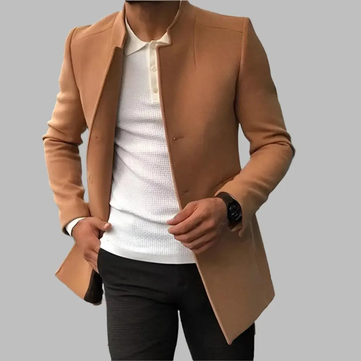 Men's Slim-Fit Collarless Mens Wool Coat Smart Overcoat - Camel