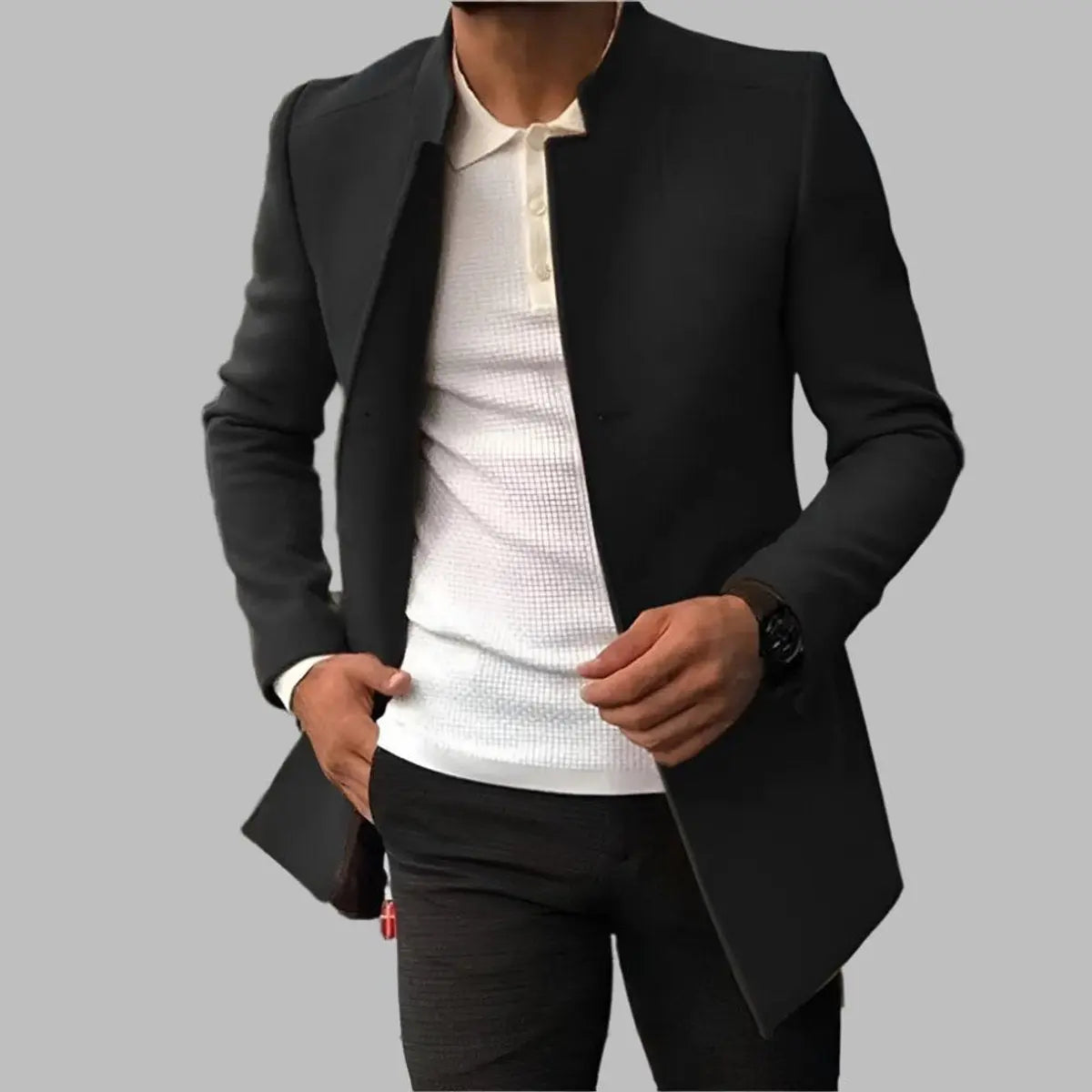 Men's Slim-Fit Collarless Mens Wool Coat Smart Overcoat - Black