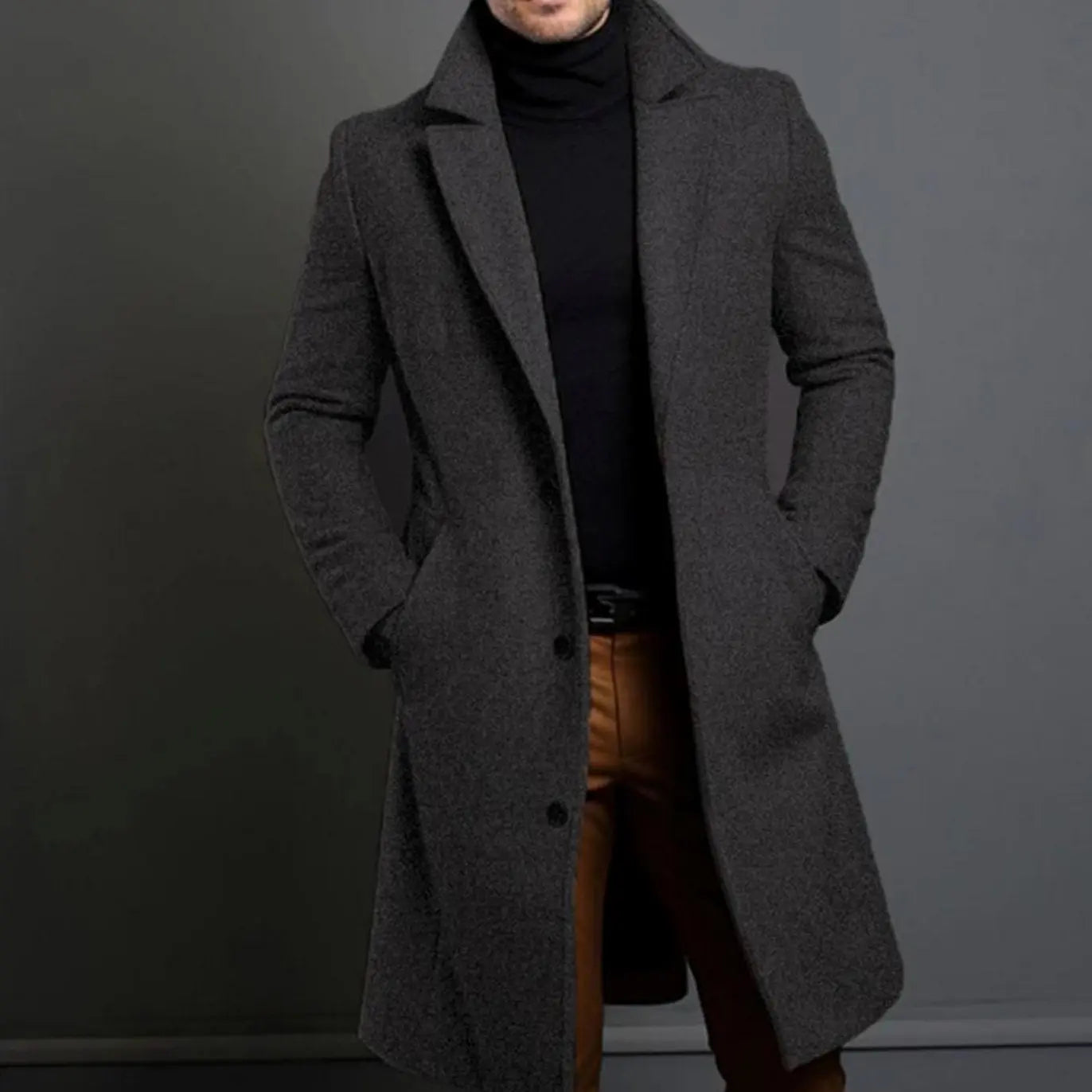 Men's Slim Fit Long Wool Coat Tailored Overcoat - Grey