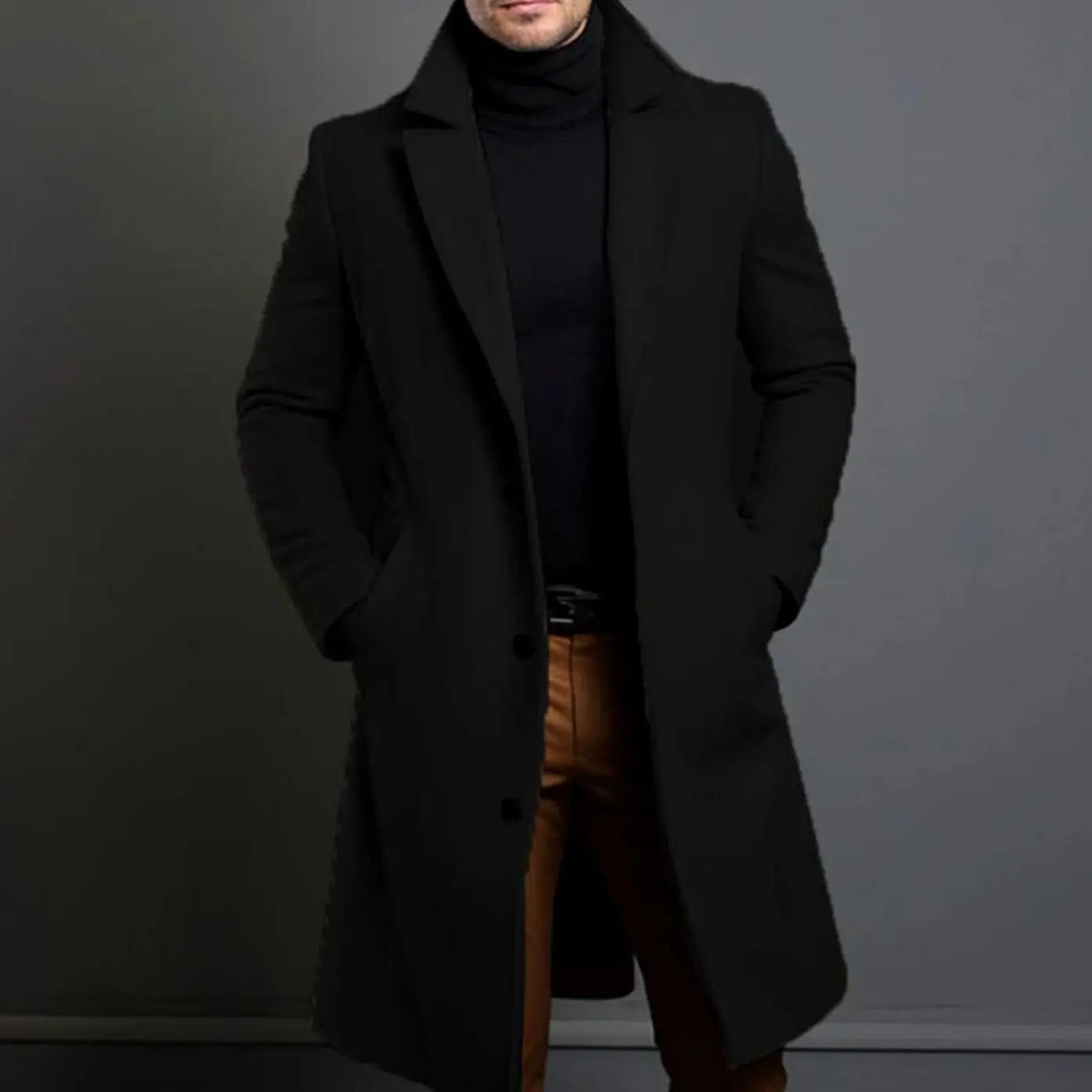 Men's Slim Fit Long Wool Coat Tailored Overcoat - Black