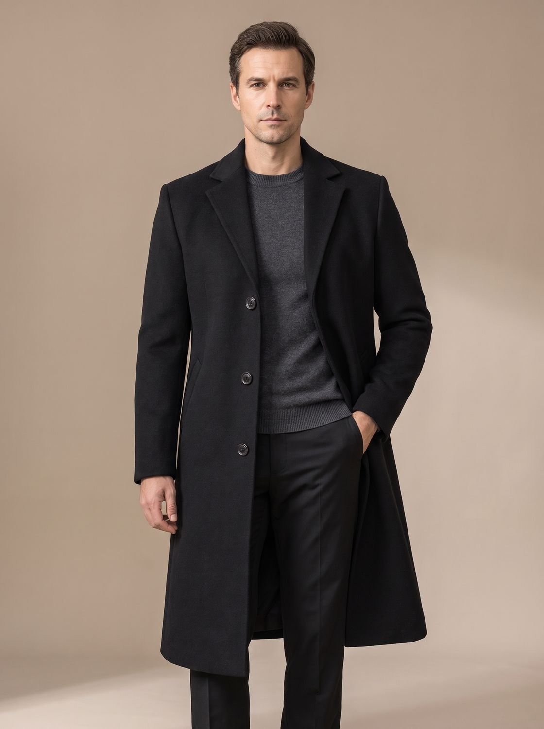 Men's Slim-Fit Single-Breasted Notched-Lapel Tailored Topcoat - Black