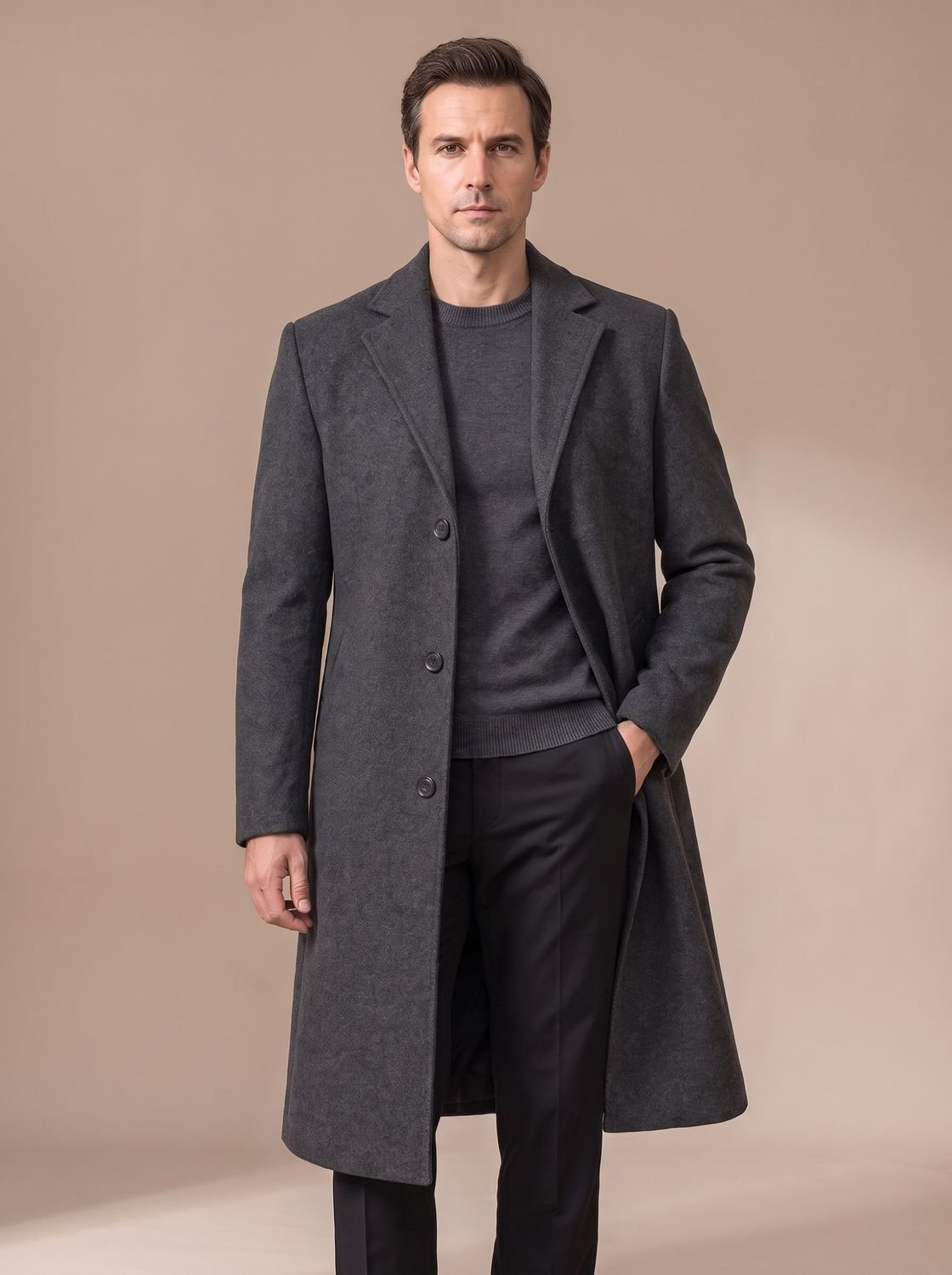 Men's Slim-Fit Single-Breasted Notched-Lapel Tailored Topcoat - Dark Grey