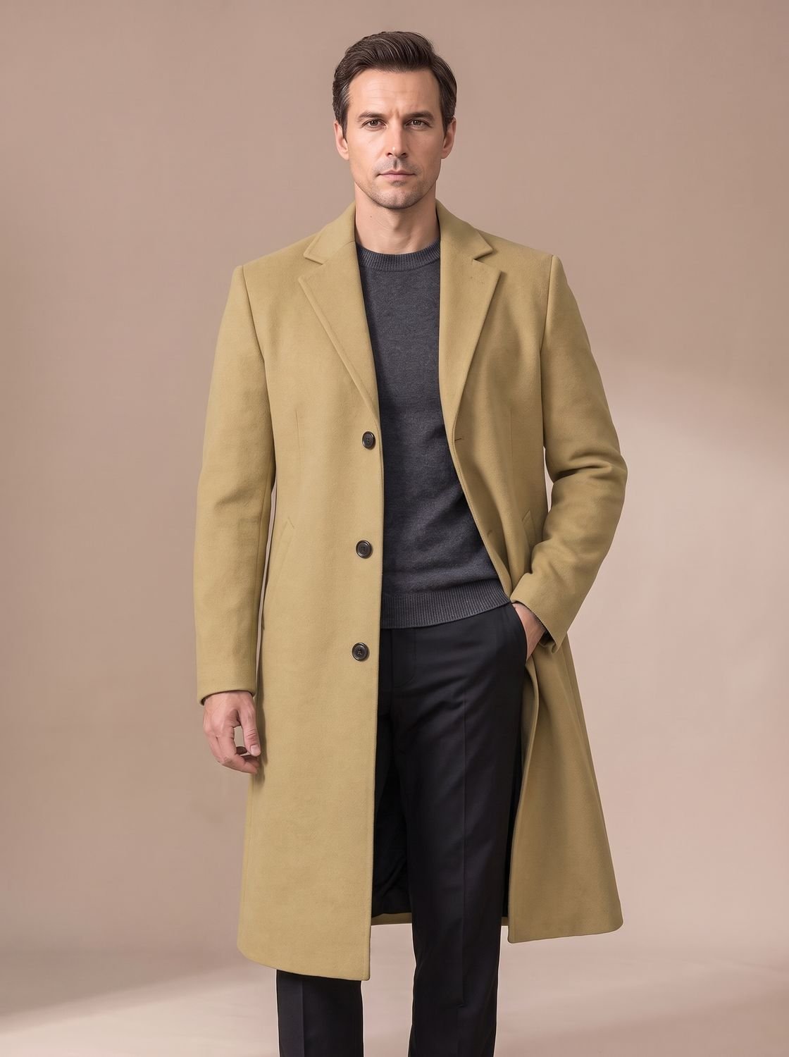 Men's Slim-Fit Single-Breasted Notched-Lapel Tailored Topcoat - Khaki
