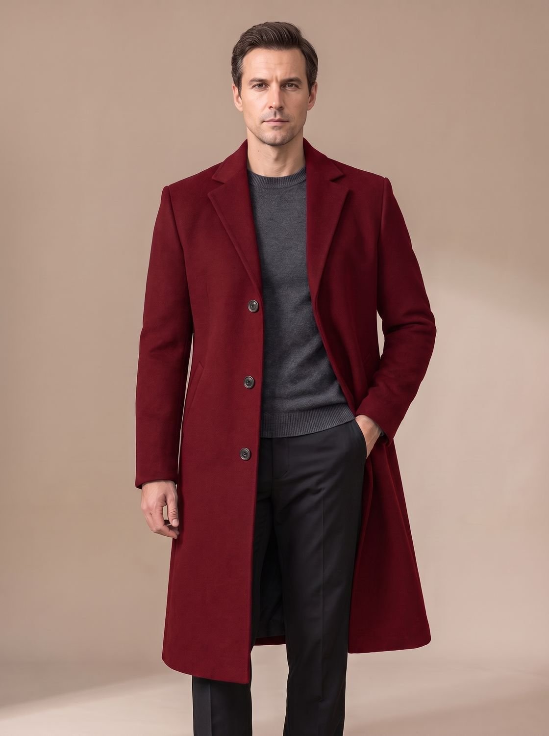 Men's Slim-Fit Single-Breasted Notched-Lapel Tailored Topcoat - Deep Red