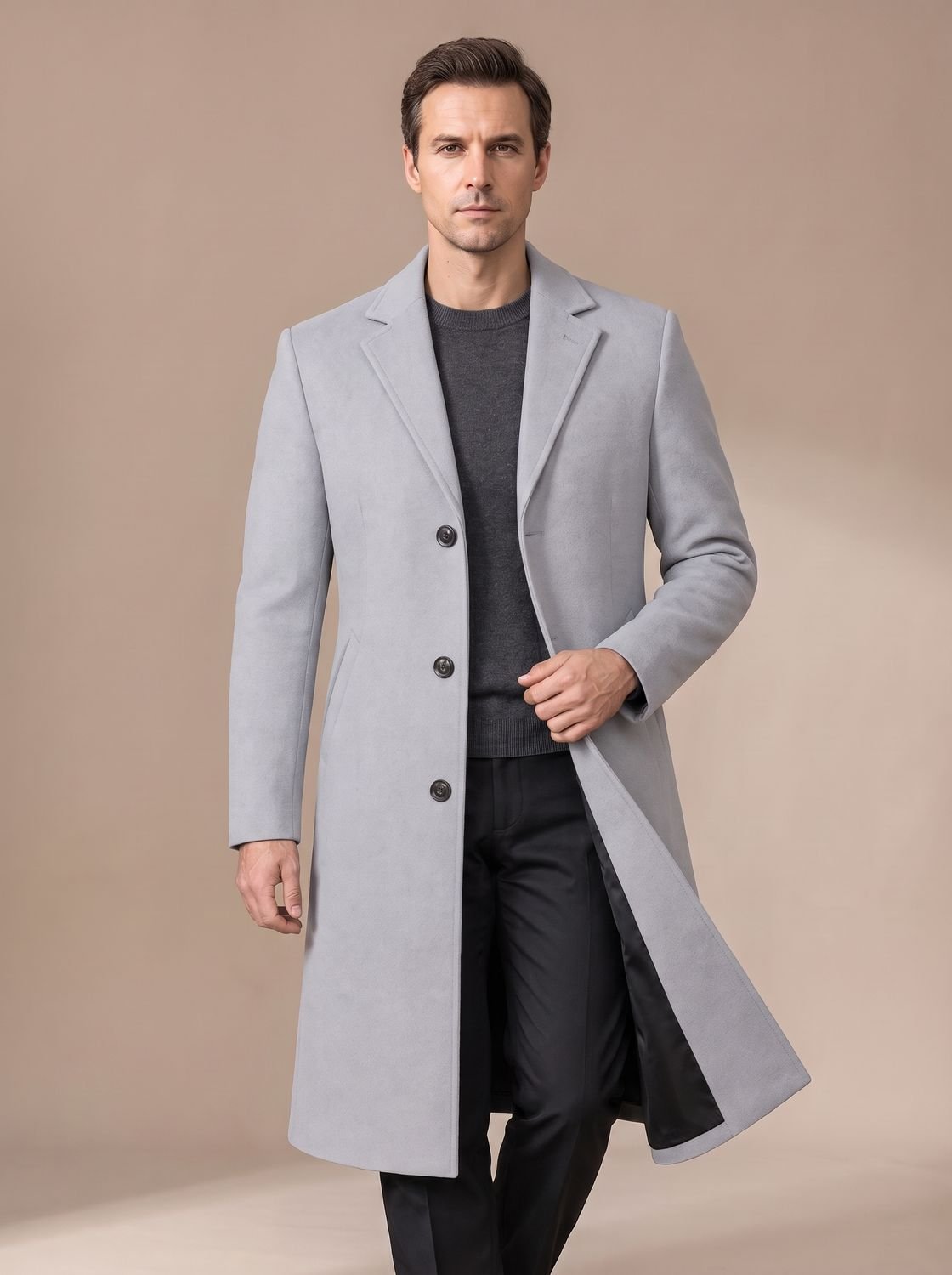 Men's Slim-Fit Single-Breasted Notched-Lapel Tailored Topcoat - Light Grey