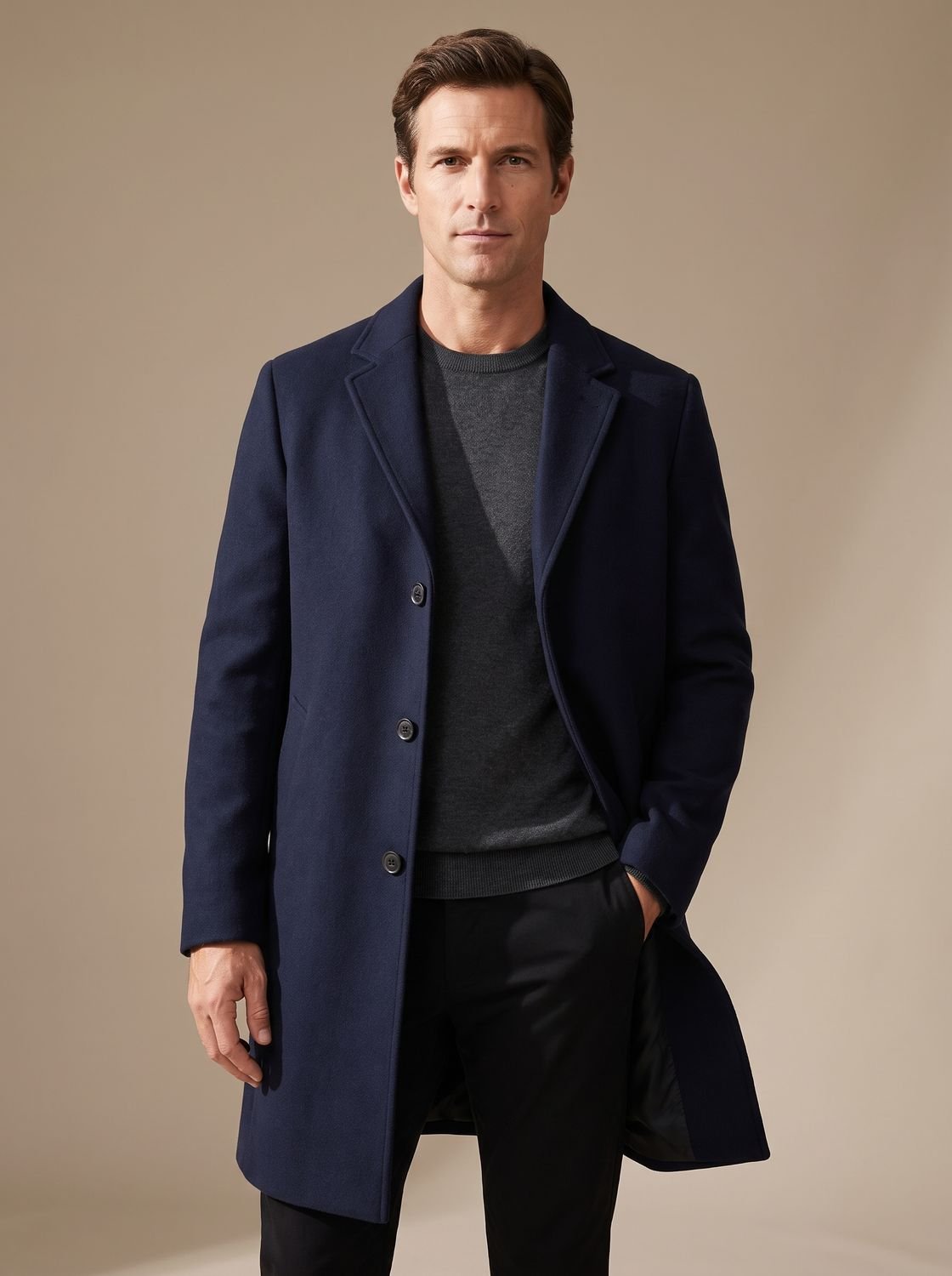 Men's Slim-Fit Single-Breasted Notched-Lapel Tailored Topcoat - Navy Blue