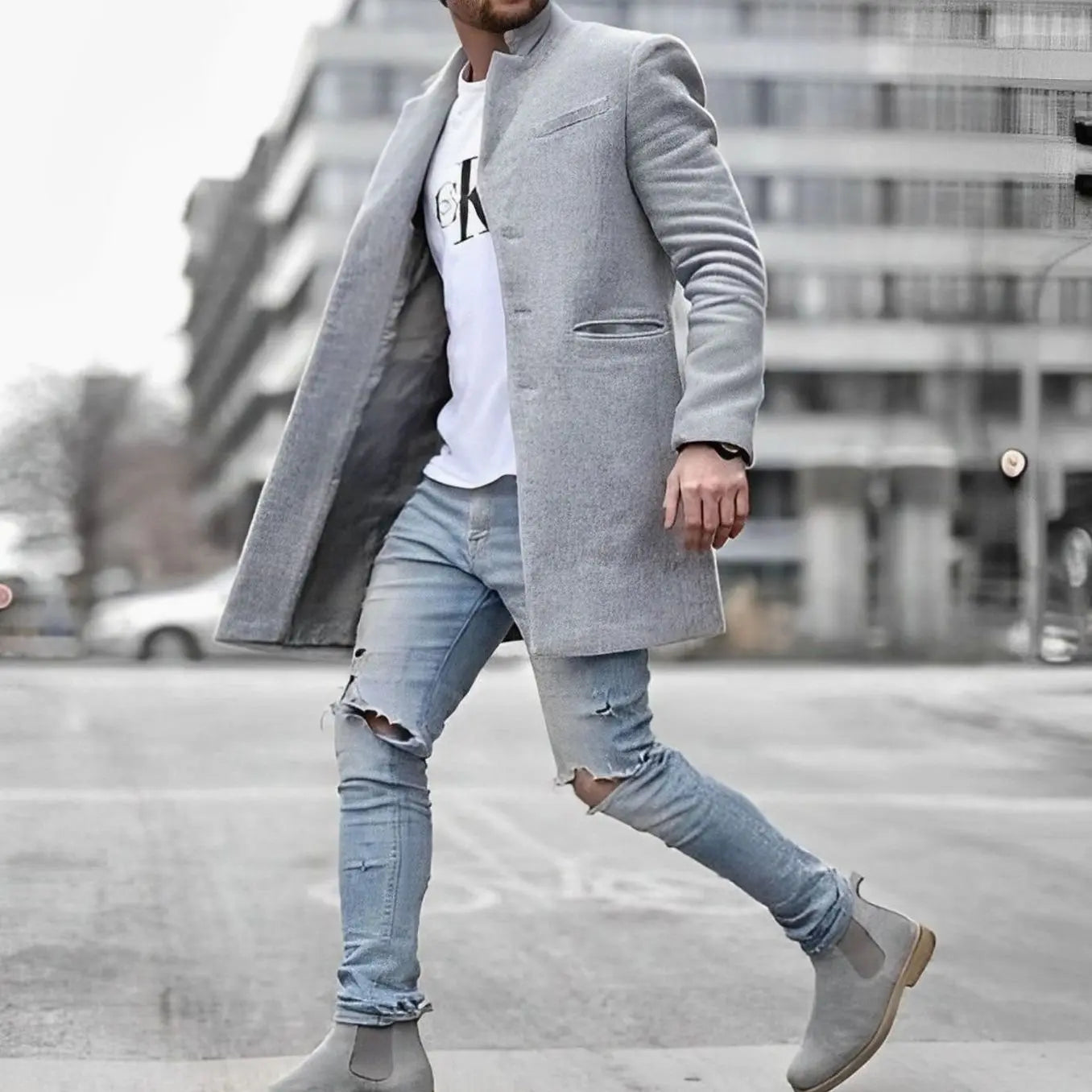 Men's Slim-Fit Stand-Collar Mid-Length Wool-Blend Overcoat - Grey