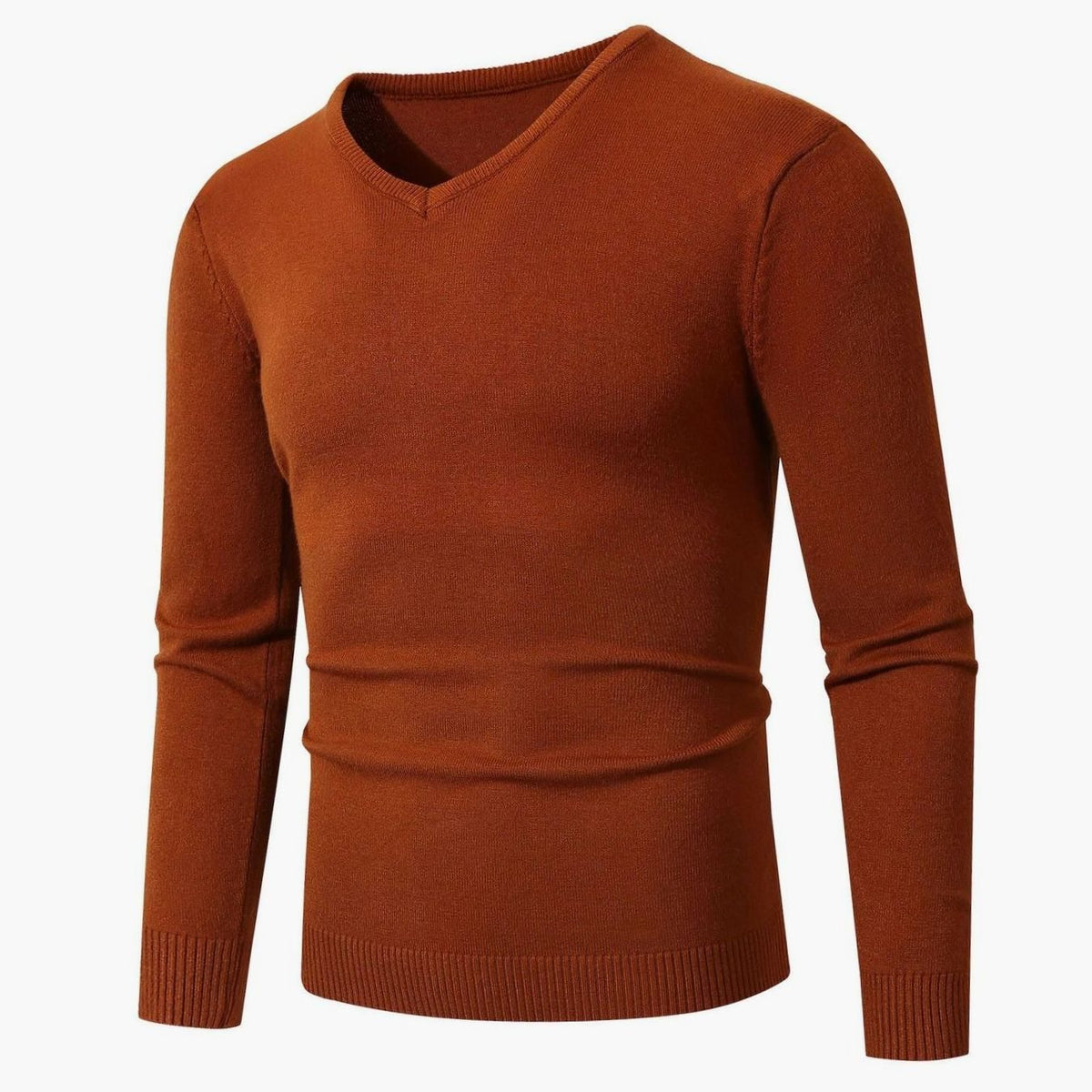 Men's Slim-Fit V-Neck Fine-Knit Stretch Jumper Ribbed Cuffs - Caramel