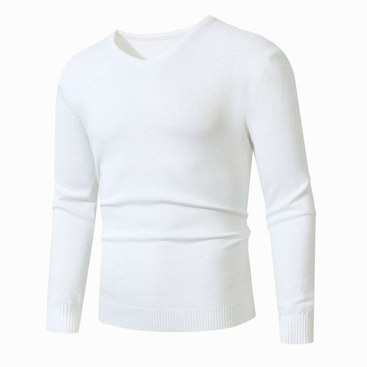 Men's Slim-Fit V-Neck Fine-Knit Stretch Jumper Ribbed Cuffs - White