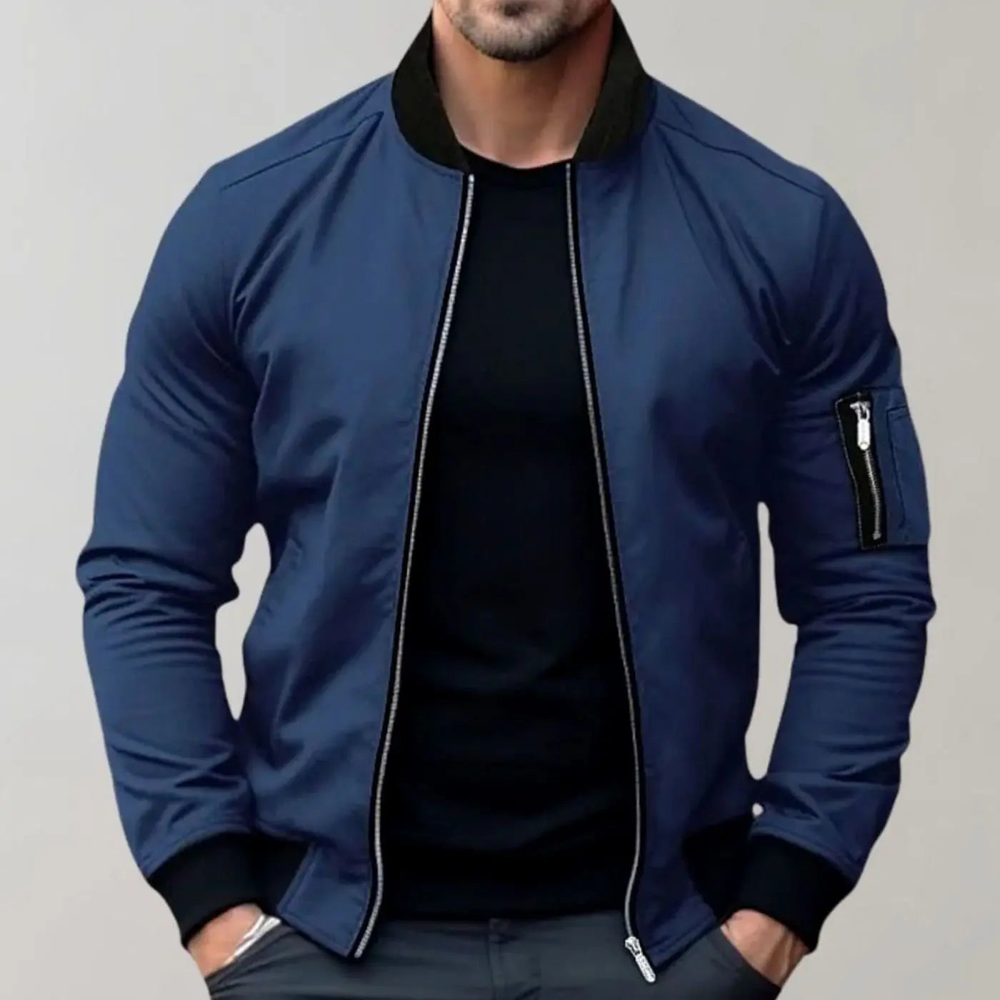 Men's Slim Fit Zip-Up Bomber Jacket Ribbed Collar Pockets - Blue