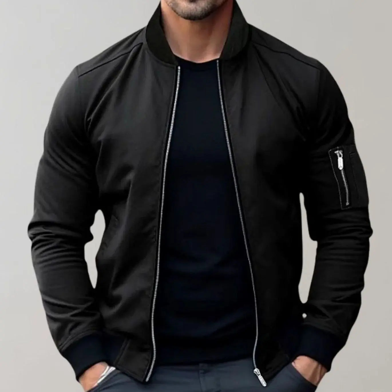 Men's Slim Fit Zip-Up Bomber Jacket Ribbed Collar Pockets - Black