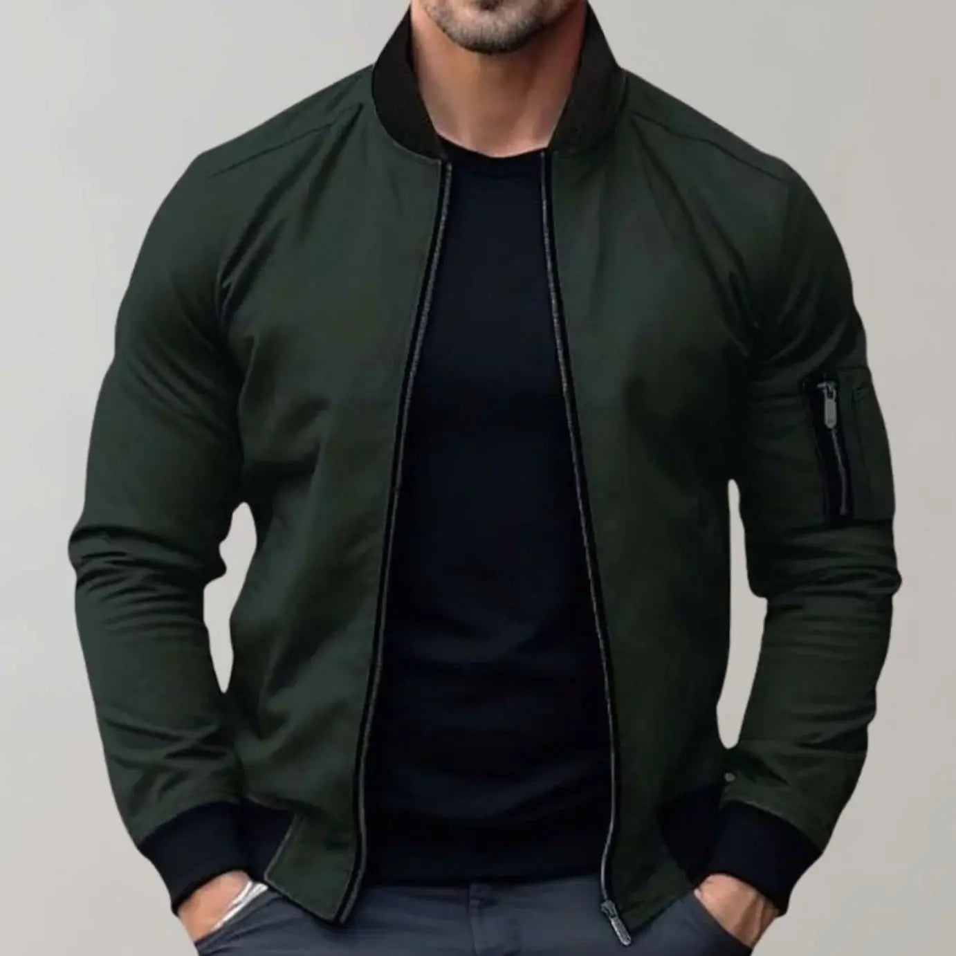 Men's Slim Fit Zip-Up Bomber Jacket Ribbed Collar Pockets - Green