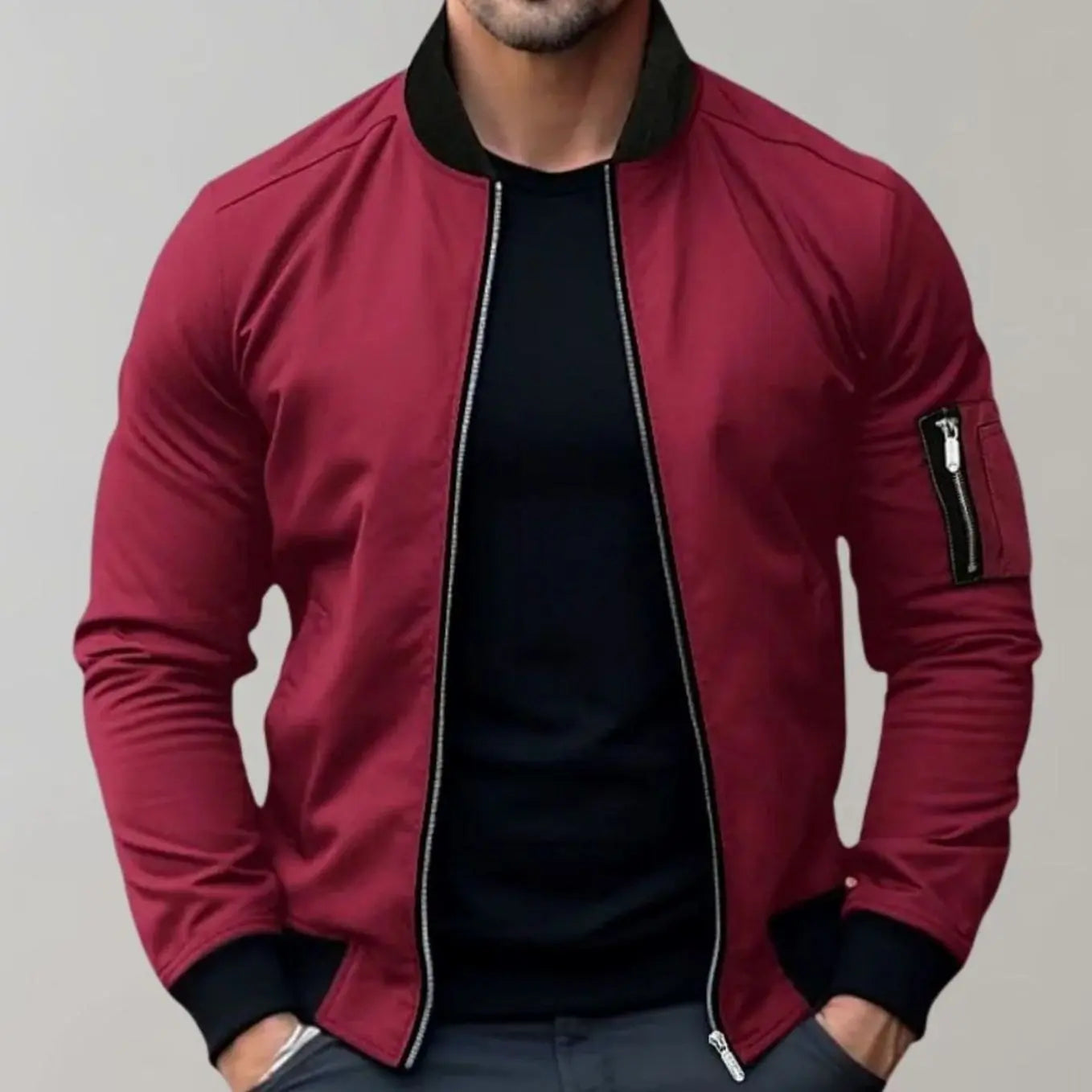 Men's Slim Fit Zip-Up Bomber Jacket Ribbed Collar Pockets - Burgundy