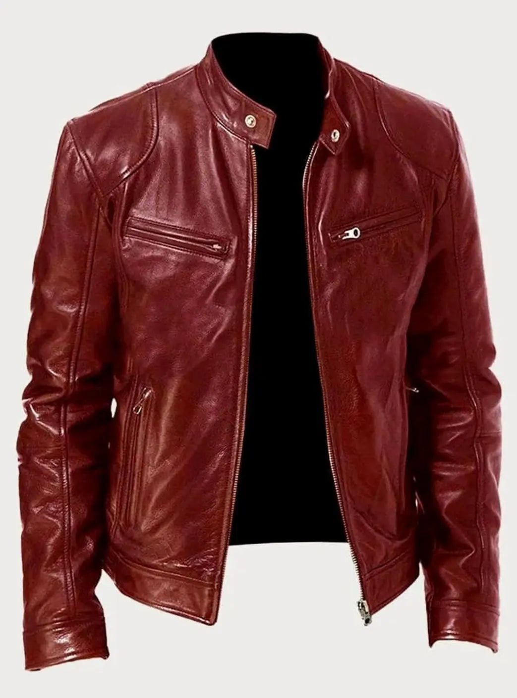 Men's Slim-Fit Zip-Up Leather Moto Style Jacket - Red