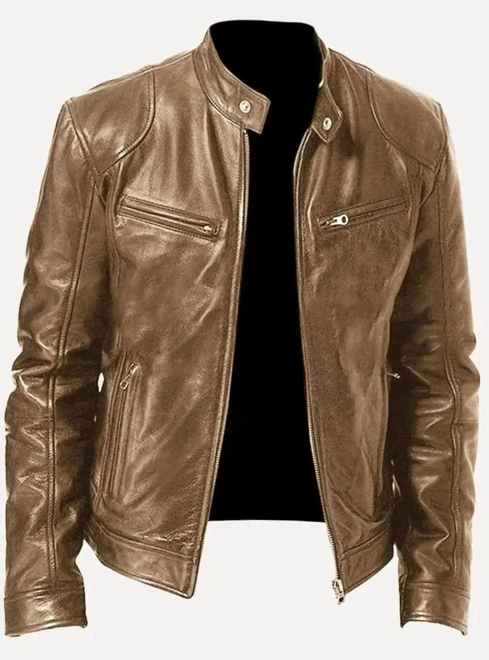 Men's Slim-Fit Zip-Up Leather Moto Style Jacket - Beige