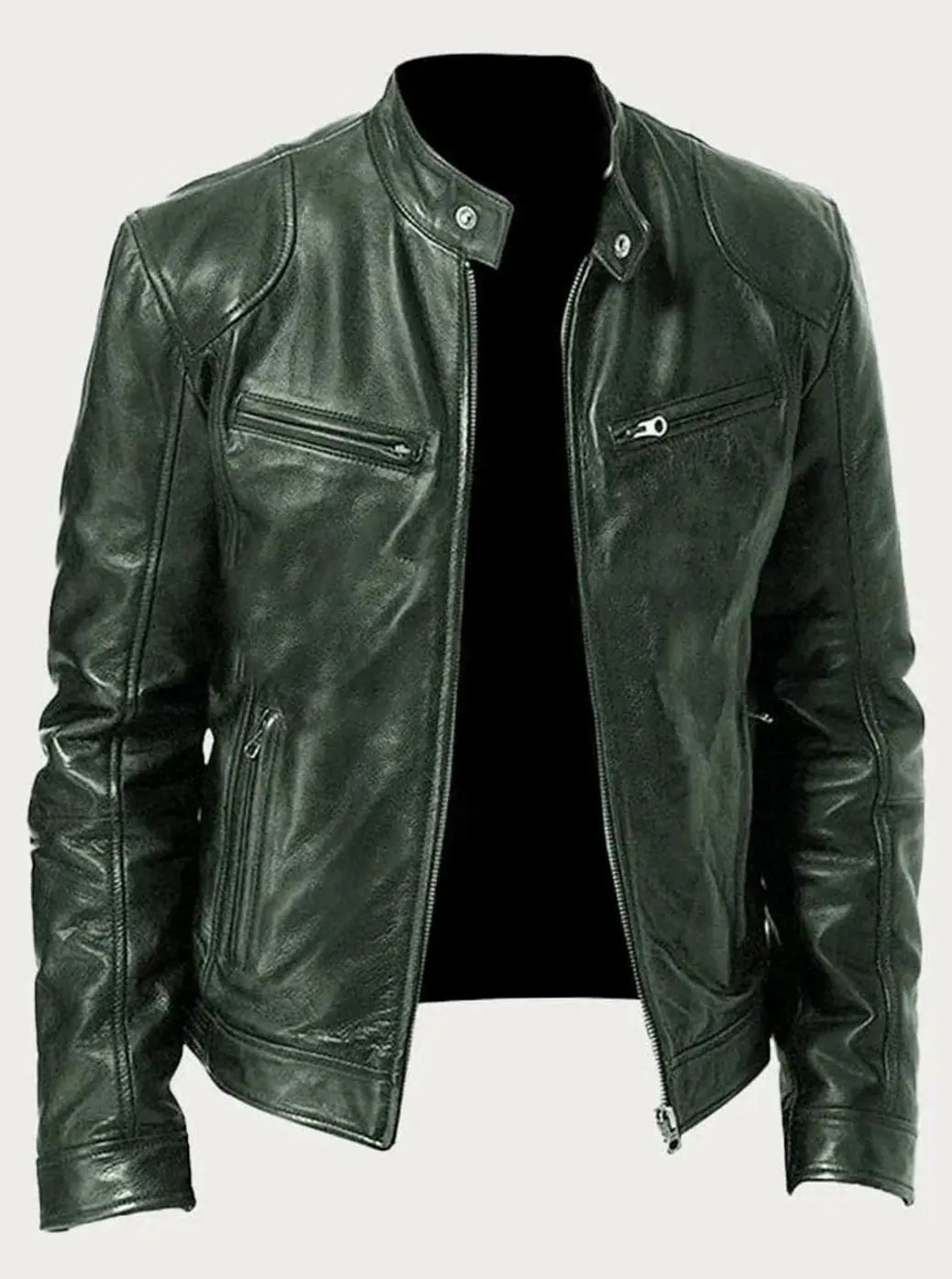 Men's Slim-Fit Zip-Up Leather Moto Style Jacket - Green