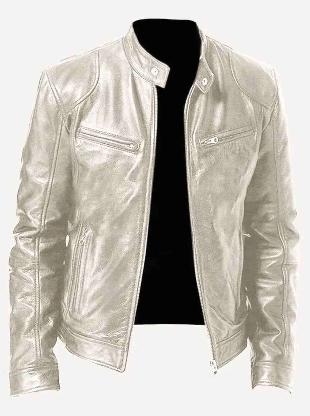 Men's Slim-Fit Zip-Up Leather Moto Style Jacket - Silver