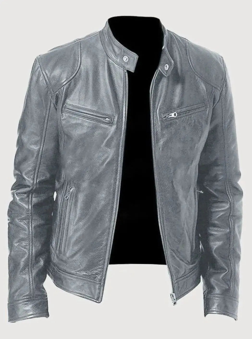 Men's Slim-Fit Zip-Up Leather Moto Style Jacket - Grey