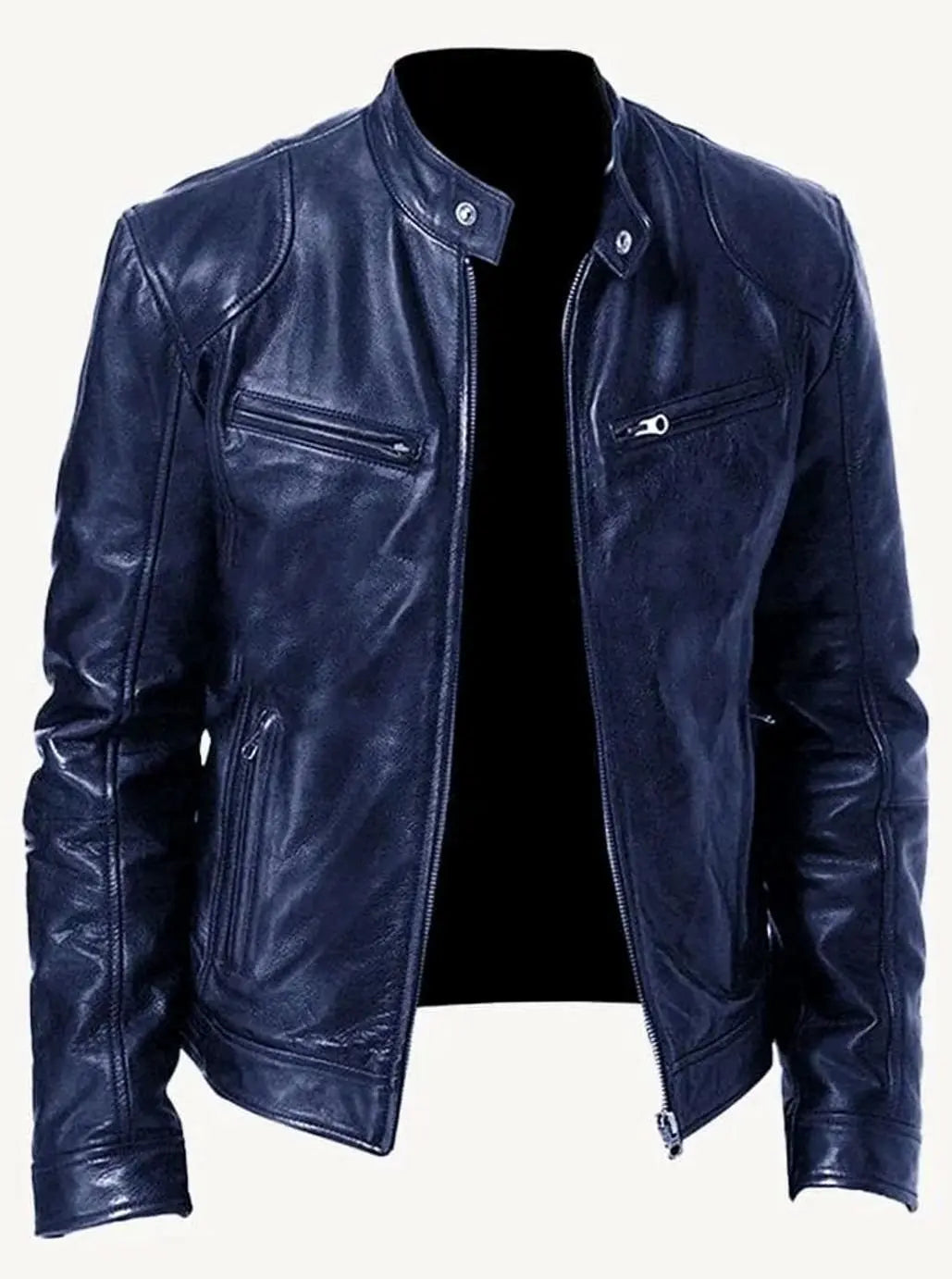 Men's Slim-Fit Zip-Up Leather Moto Style Jacket - Navy