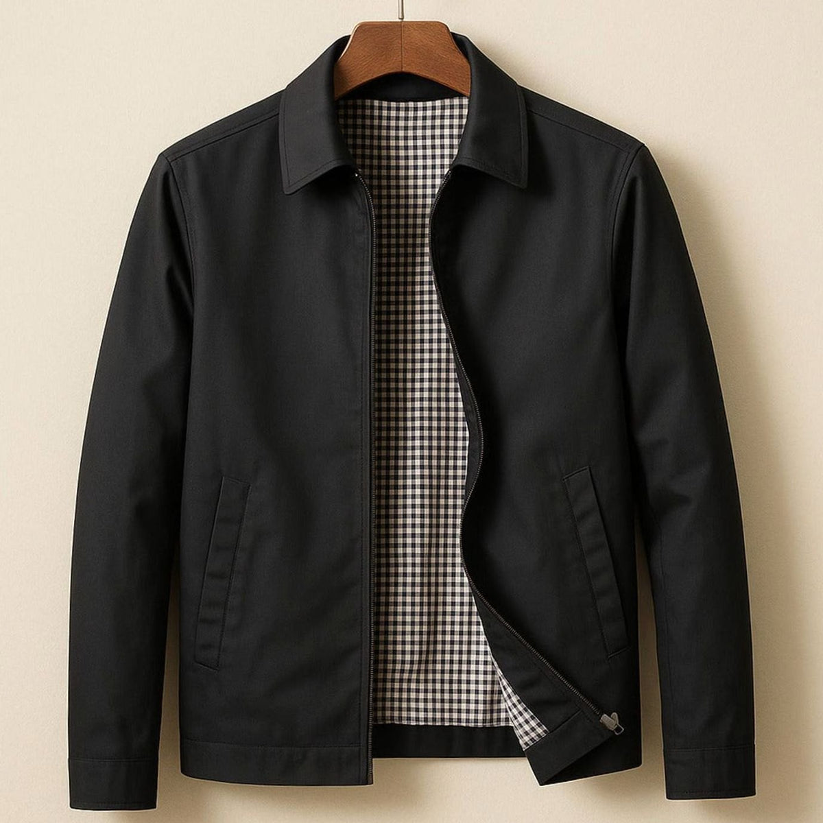 Men's Smart-Casual Harrington Jacket Checked Lining Zip-Front - Black