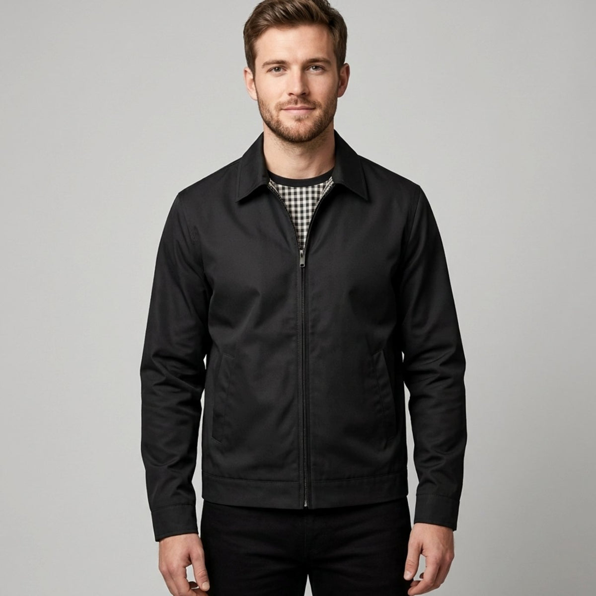Men's Smart-Casual Harrington Jacket Checked Lining Zip-Front