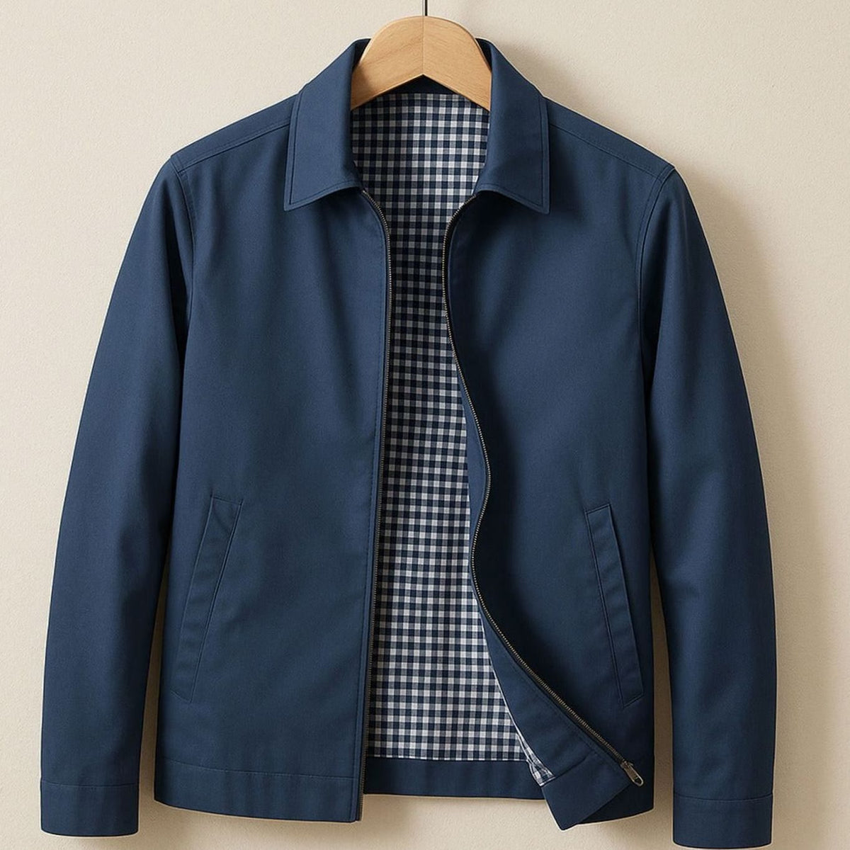 Men's Smart-Casual Harrington Jacket Checked Lining Zip-Front - Blue