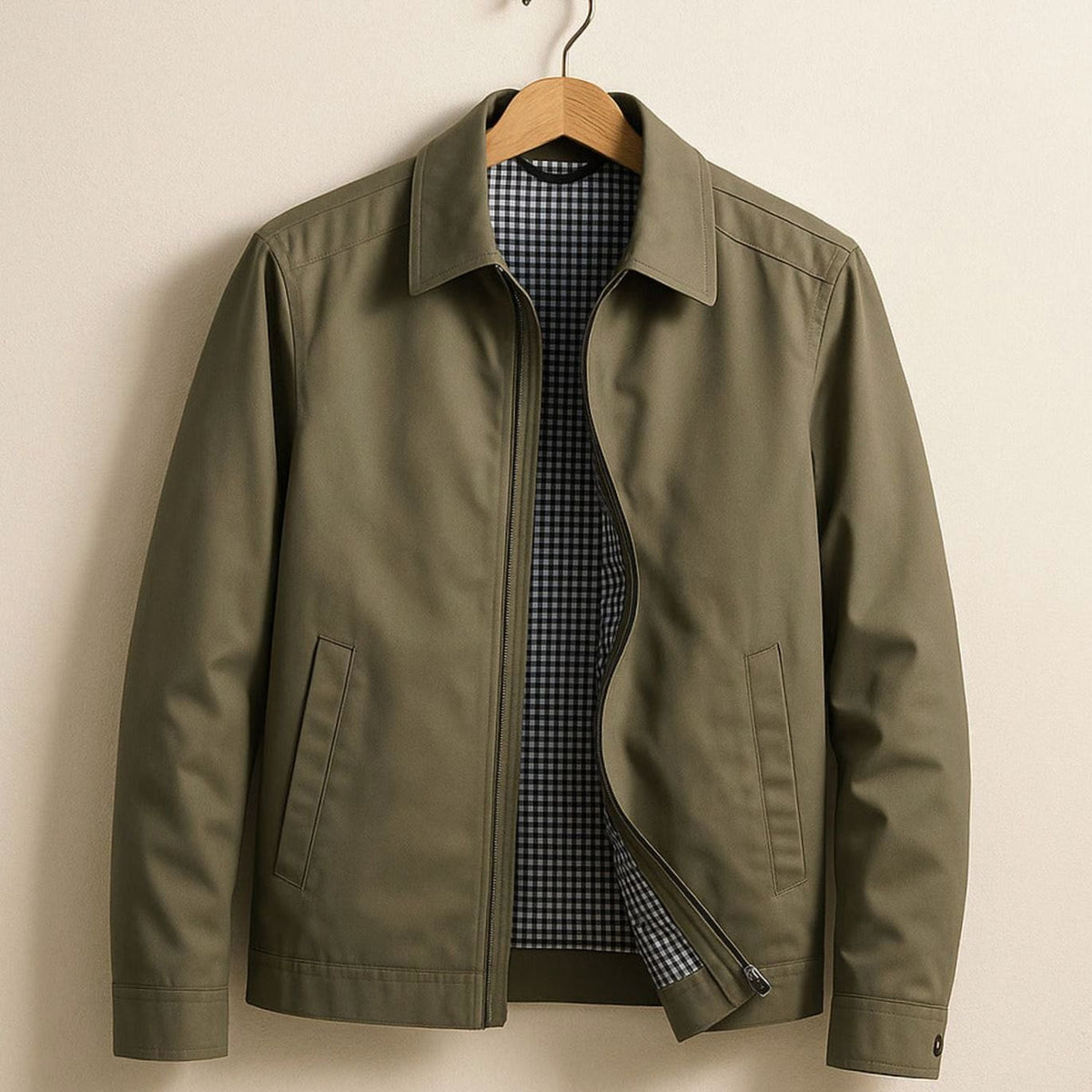 Men's Smart-Casual Harrington Jacket Checked Lining Zip-Front - Khaki
