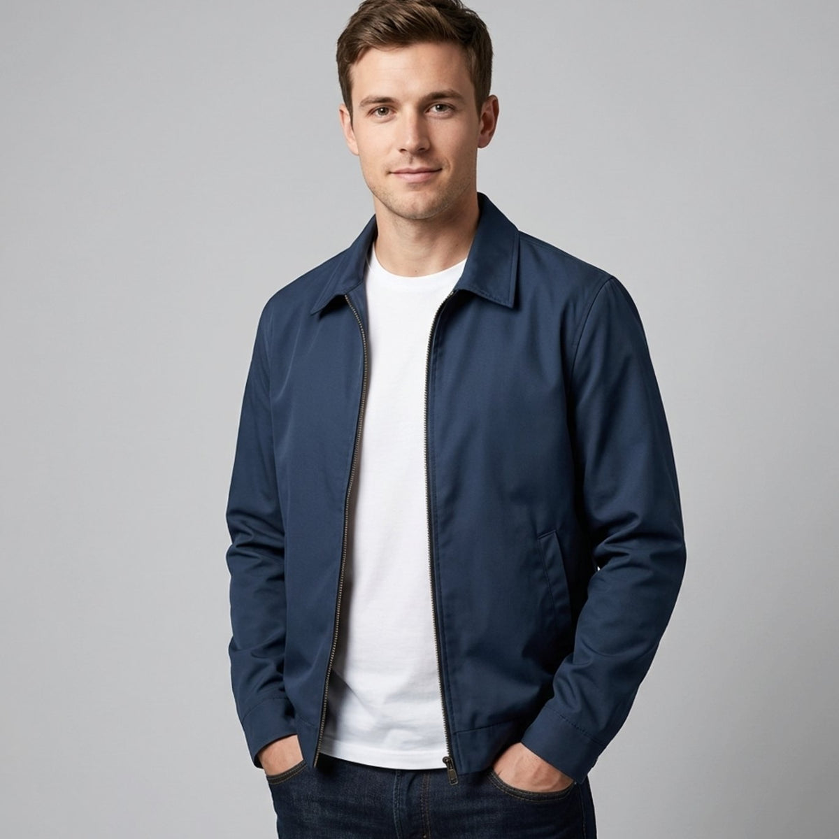Men's Smart-Casual Harrington Jacket Checked Lining Zip-Front