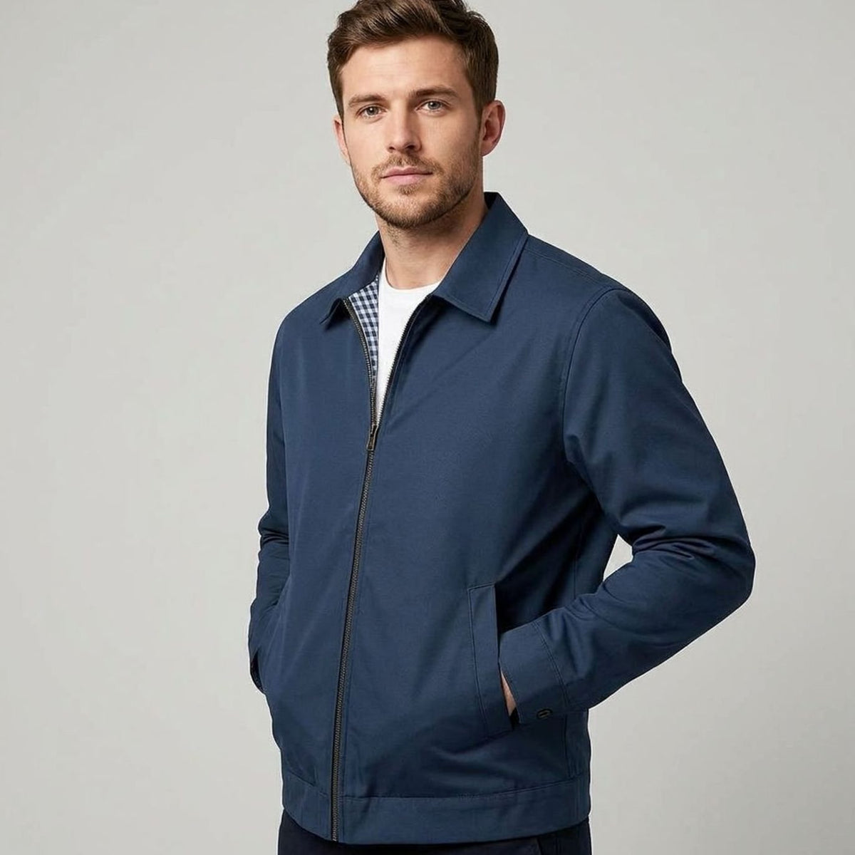 Men's Smart-Casual Harrington Jacket Checked Lining Zip-Front