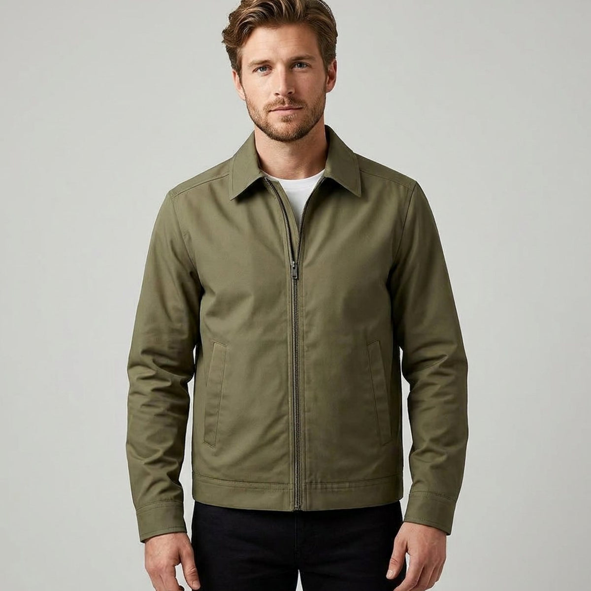 Men's Smart-Casual Harrington Jacket Checked Lining Zip-Front