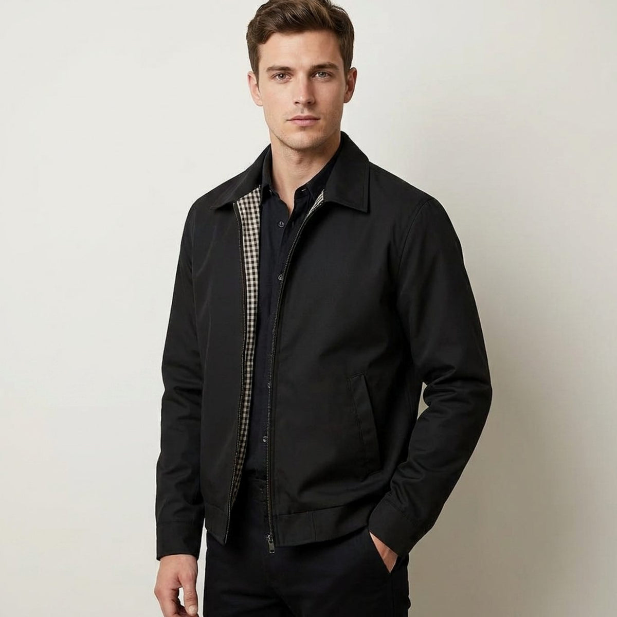 Men's Smart-Casual Harrington Jacket Checked Lining Zip-Front