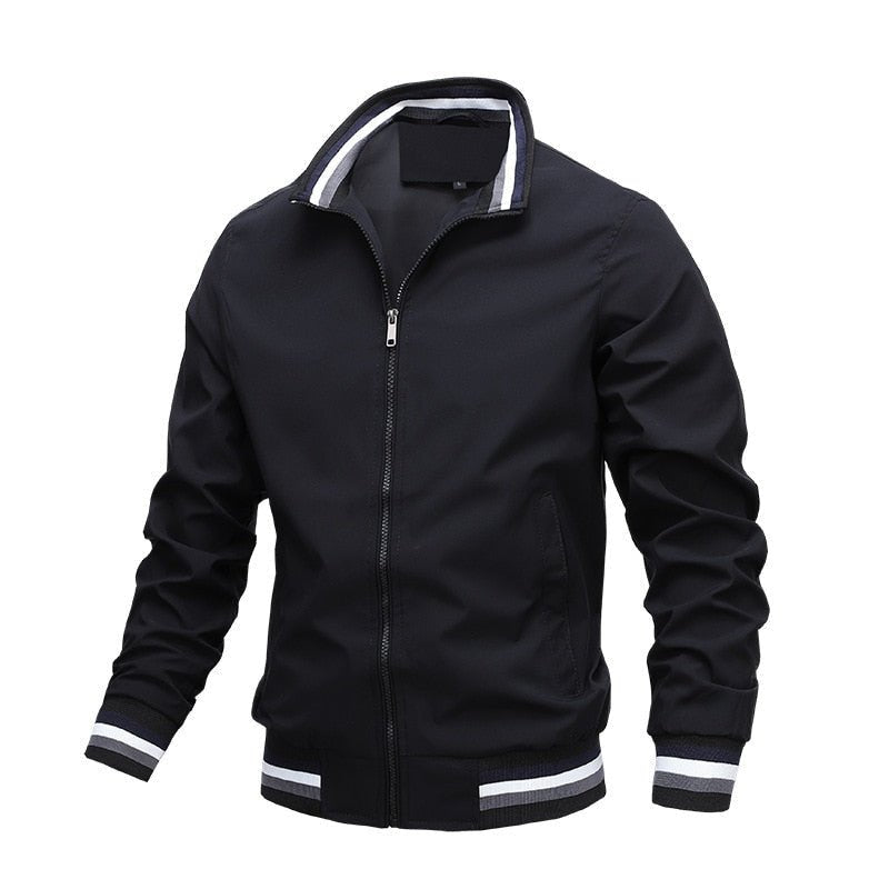 Men's Stand Collar Bomber Jacket Zip Front Ribbed Trim - Black