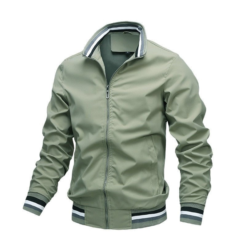 Men's Stand Collar Bomber Jacket Zip Front Ribbed Trim - Green