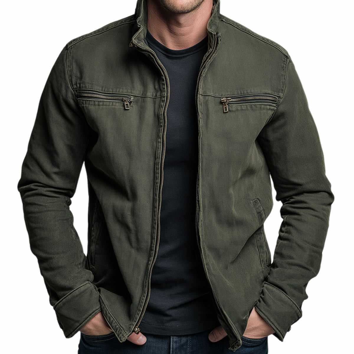 Men's Stand-Collar Full-Zip Slim-Fit Bomber Jacket - Army Green