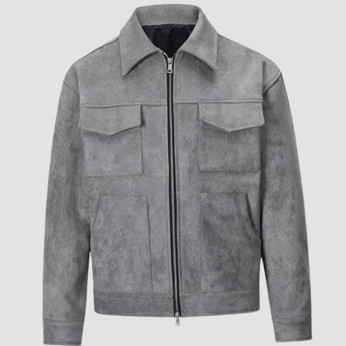 Men's Suede-Look Zip-Up Trucker Jacket Shirt Collar - Grey
