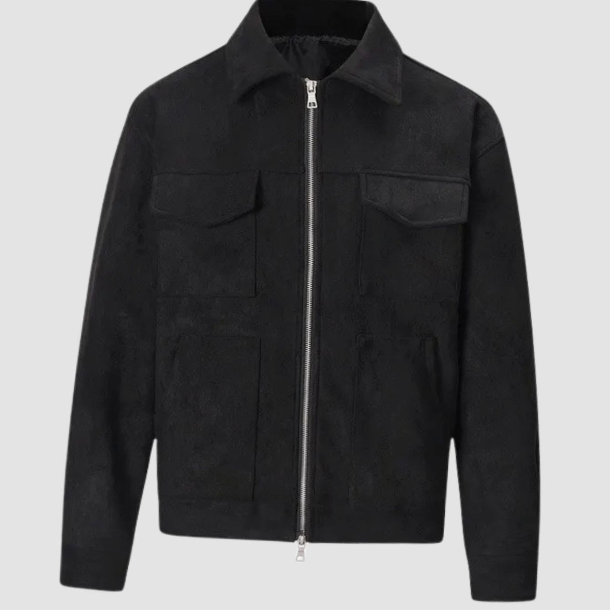 Men's Suede-Look Zip-Up Trucker Jacket Shirt Collar - Black