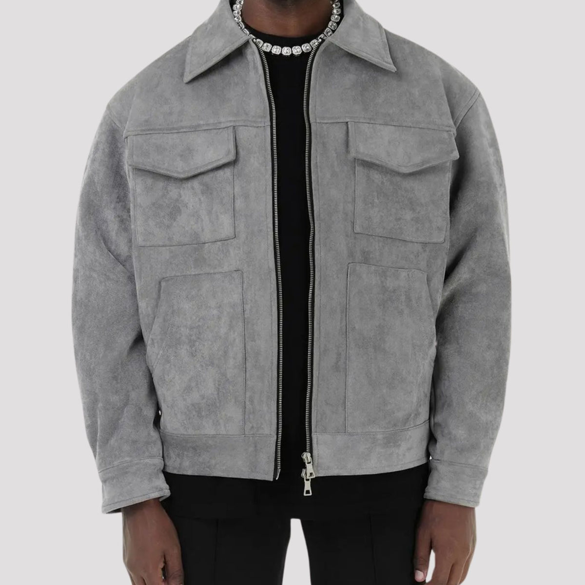 Men's Suede-Look Zip-Up Trucker Jacket Shirt Collar