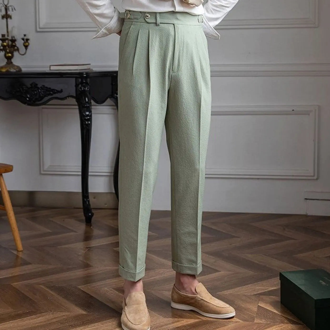 Men's Tailored High-Waist Pleated Trousers Turnup Hem