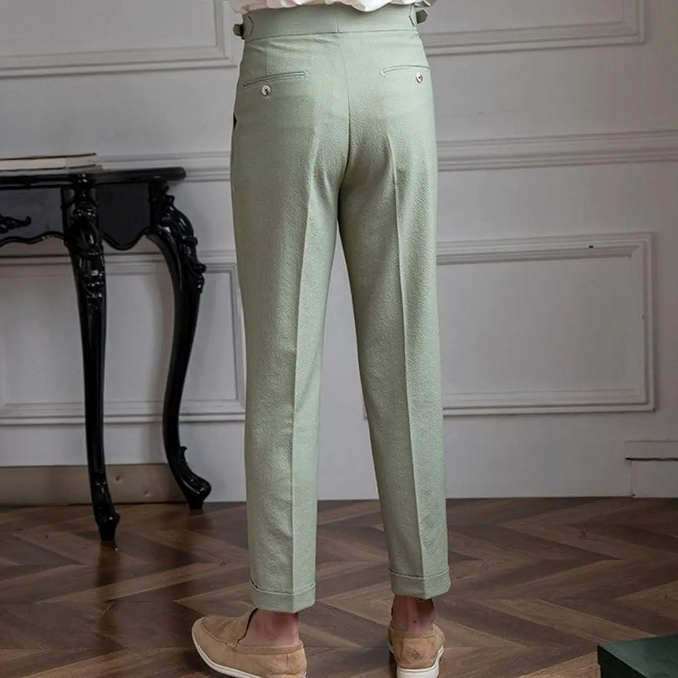 Men's Tailored High-Waist Pleated Trousers Turnup Hem